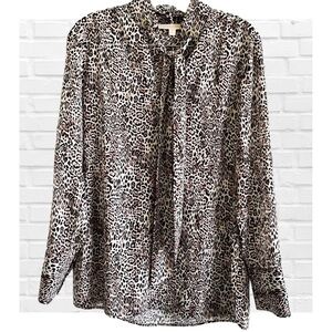 Etcetera Leopard Animal Print Bow Blouse Old Money Tie Long Sleeve Silky Women 6